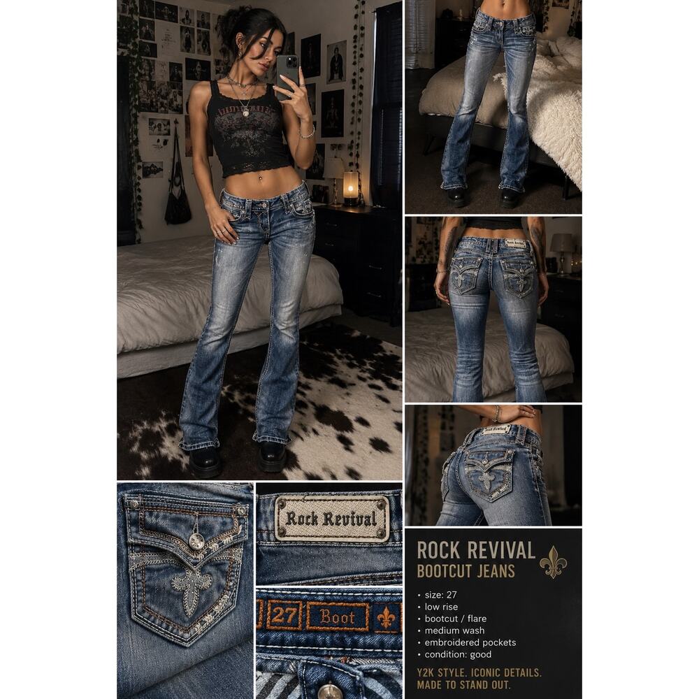 Rock Revival Luz Bootcut Jean Y2K Bling 27x31 Low Rise Flare Med Wash Distressed